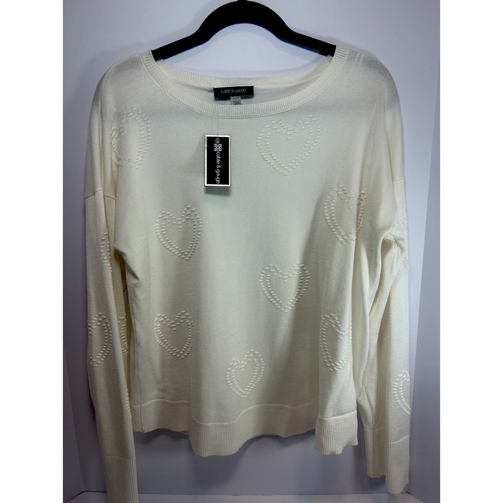 NWT‎ CABLE & GAUGE Valentine Sweater Womens L White Knit Raised Hearts Pullover